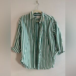 J. Crew Green and White Striped Button Down Shirt